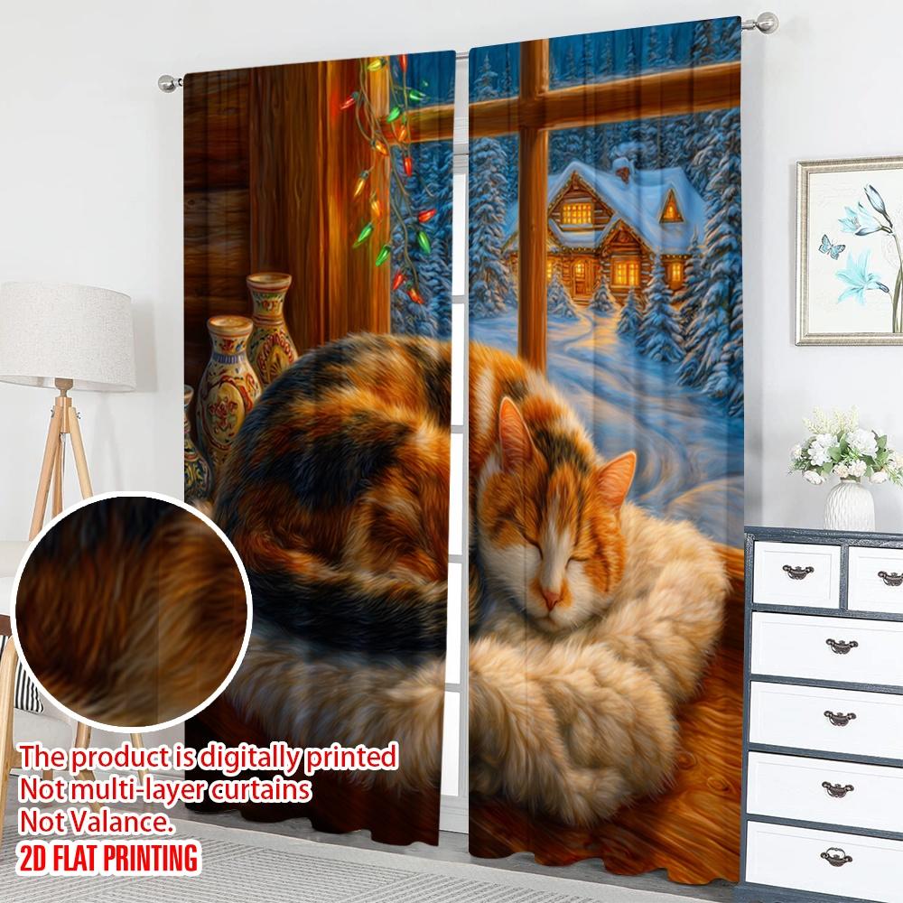 2pcs 2D flat printing Christmas Curtains Cozy Cat Winter Cabin Digital Printed Polyester Drapes Party Decorations for Bedroom