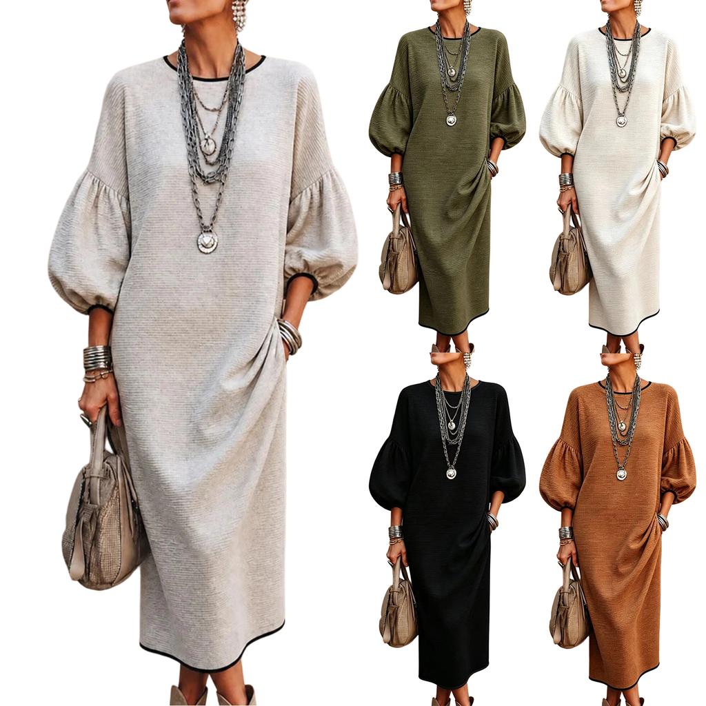 Abito midi elegante da donna con scollo rotondo e maniche a sbuffo per festa, cocktail, sera