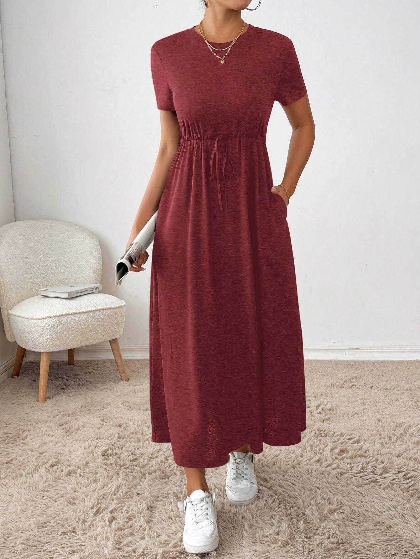 European & American Style Women s Short Sleeve Drawstring Waist Long Dress M вино красного