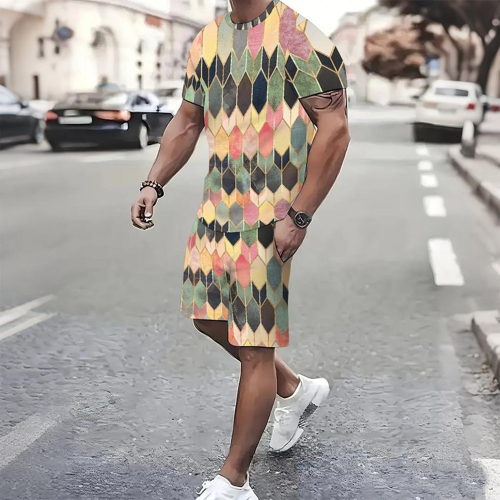 Herren Vintage Fliesenmosaik Patchwork Print Kurzarm T-Shirt und Passende Shorts Zweiteiliges Outfit