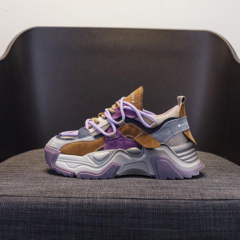 

Suction film bottom leather thick bottom dirty spring and autumn new trend color matching mesh sports and leisure women s shoes 35 фиолетовый