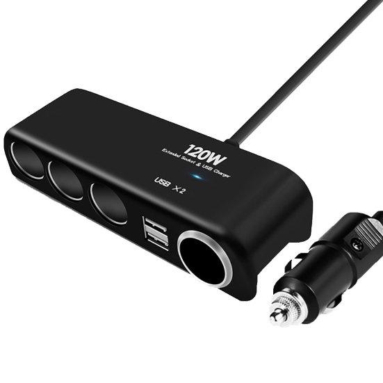 120W 4 Way Socket Car Lighter Splitter Dual USB Charger Power Adapter