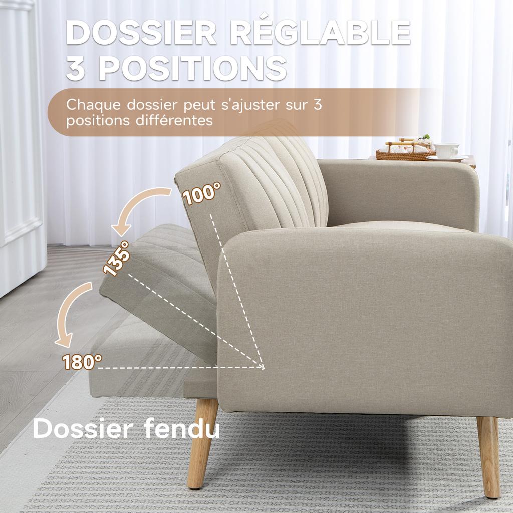 Scandinavian Design 2 Seater Convertible Sofa Reclining Backrest 3 Positions Wooden Legs Linen Look Fabric Beige