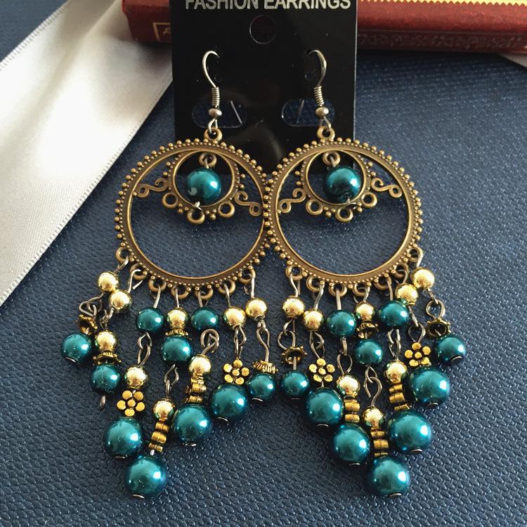 Vintage Celebrity Earrings Fashion Exaggerated Bohemian Tassel Pearl Bronze Long Beaded Earrings