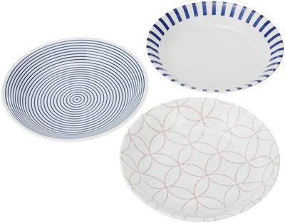 Yamago Ceramic Plate, Curry Plate, Pasta Plate Set of 3, Mino Ware, Japanese Modern Pasta & Curry Plate (Set of 3 Patterns), Blue, White