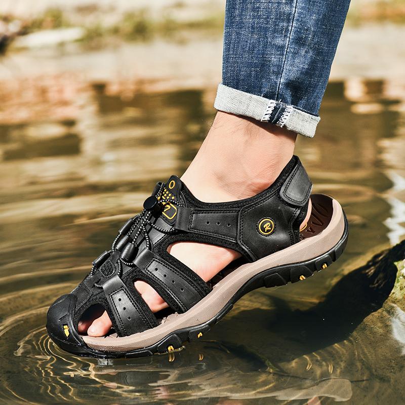 Big Size Men's Sandals Summer Anti-collision Outdoor Walking Treking Casual Shoes Leather Hiking Men Slippers Beach Wading Shoes
