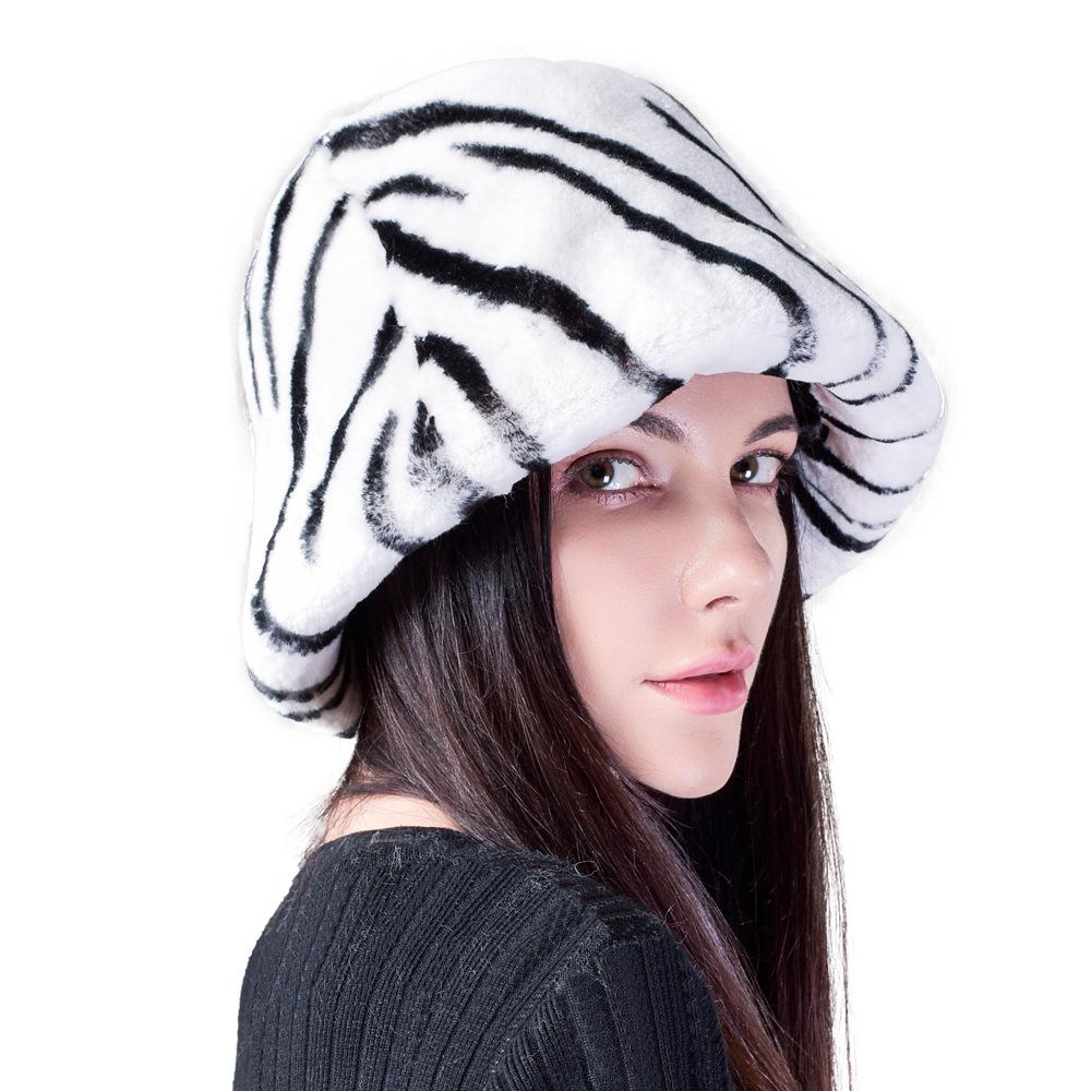 Rex Rabbit Hair Zebra Striped Bucket Hat Female Autumn and Winter Washbasin Hat Big Head Circumference Covering Face Fisherman Fur Hat