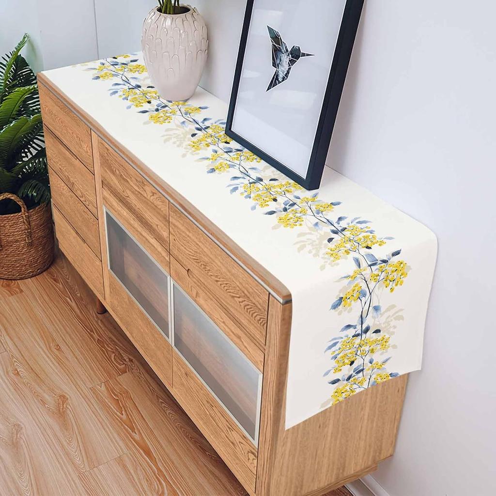 Summer Table Runner 70 Inches Long Spring Flower Wild Leaves Seasonal Runner for Tables Dining Room Blue White Yellow Floral Holiday Dinner Runner