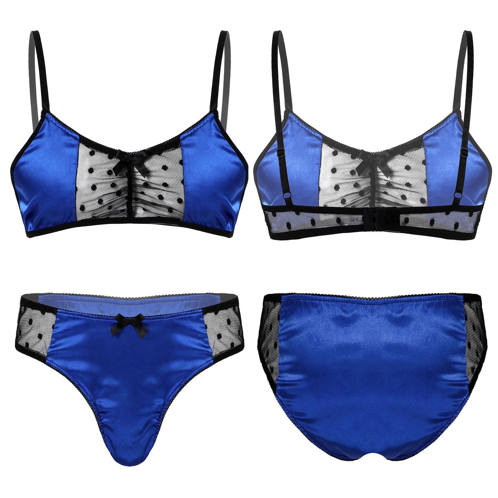 

Чоловічий атласний білизняний костюм Sissy Nightwear Sheer Mesh Petchwork Bra Tops with Briefs Thong Panties XXL синій