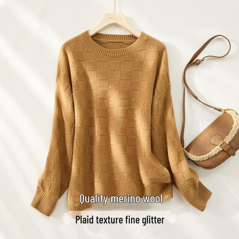 Women s Sequin Plaid Lambswool Knit Sweater One Size