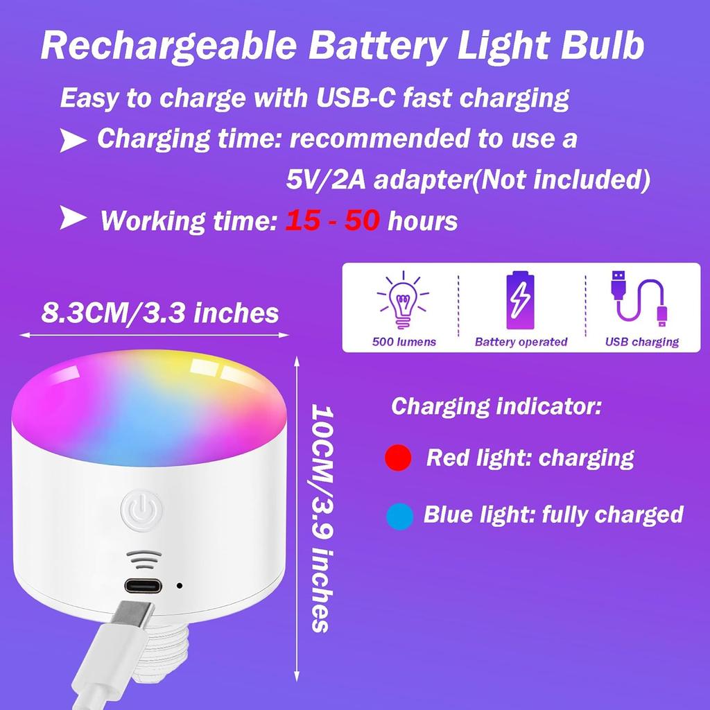 Battery Operated Light Bulb with Remote RGB Rechargeable Light Bulb USB Charging,50H Long Life Emergency Light Bulbs for Power Outage,Battery Powered