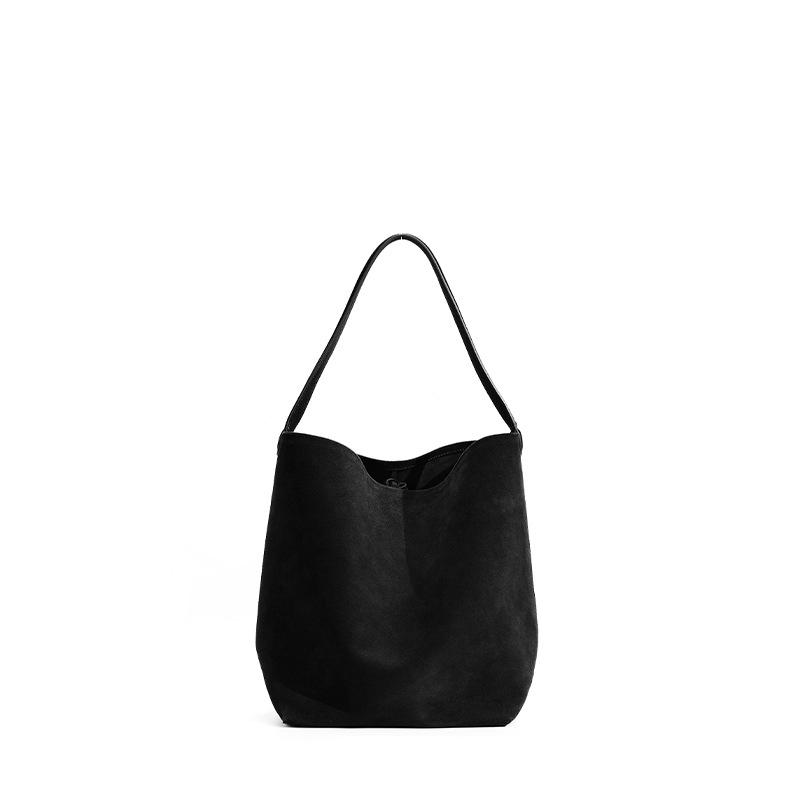 Retro suede suede premium bucket bag, matte cowhide large-capacity portable shoulder tote bag.