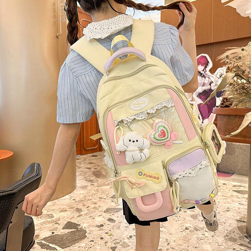 Schoolbag cute lace transparent pain bag backpack women's 1011 new large-capacity color matching backpack campus middle school student schoolbag