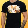 T-Shirt Men Corgi Dog with Flower Motif Cotton Size S To 5XL