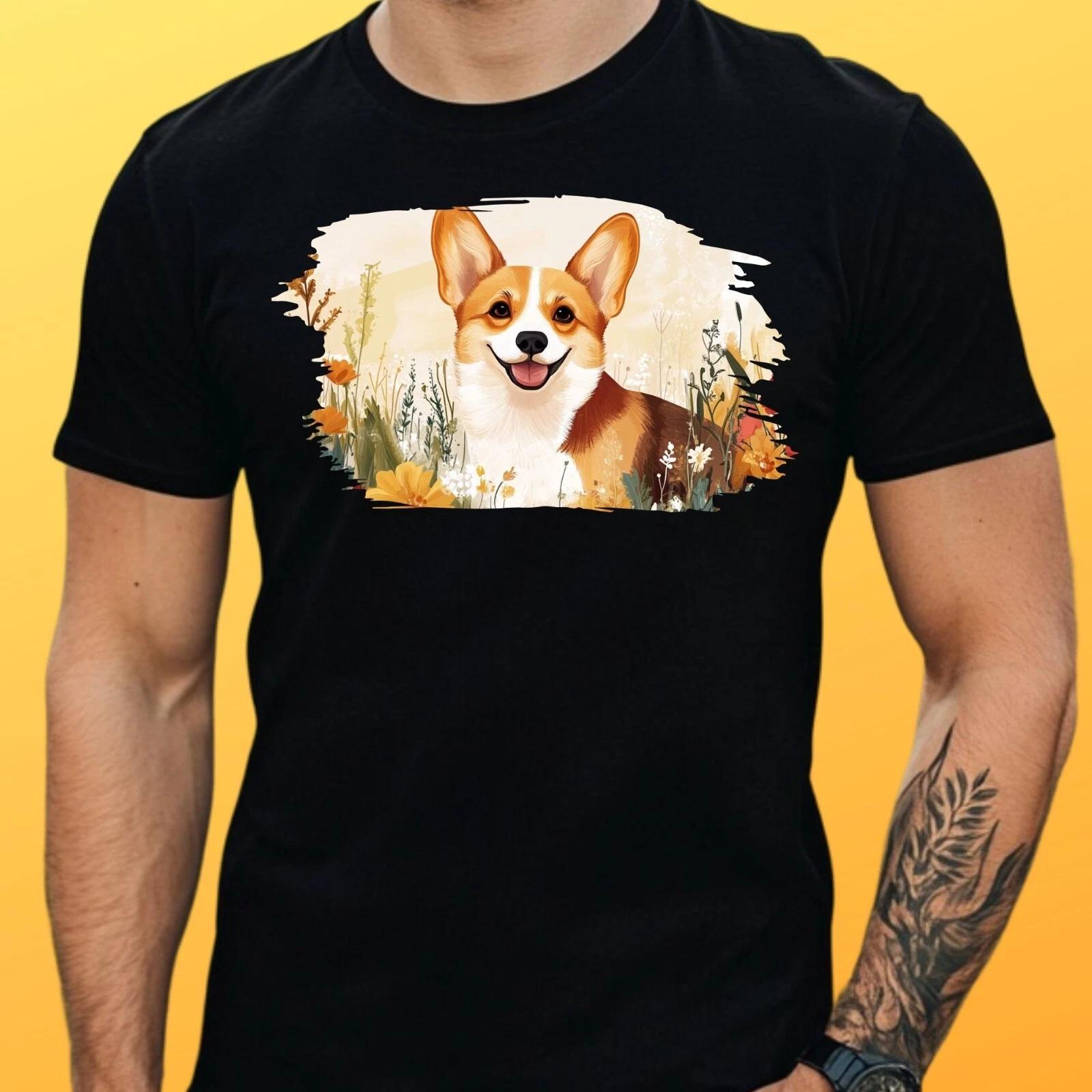 T-Shirt Herren Corgi Hund mit Blumen Motiv Baumwolle Größe S bis 5XL S