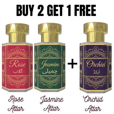 Attar z róży i attar z jaśminu z darmowym attarem z orchidei – Klasyczne i egzotyczne połączenie zapachów kwiatowych | Bezalkoholowe perfumy w oleju Unisex w kulce | 3 x 6 ml