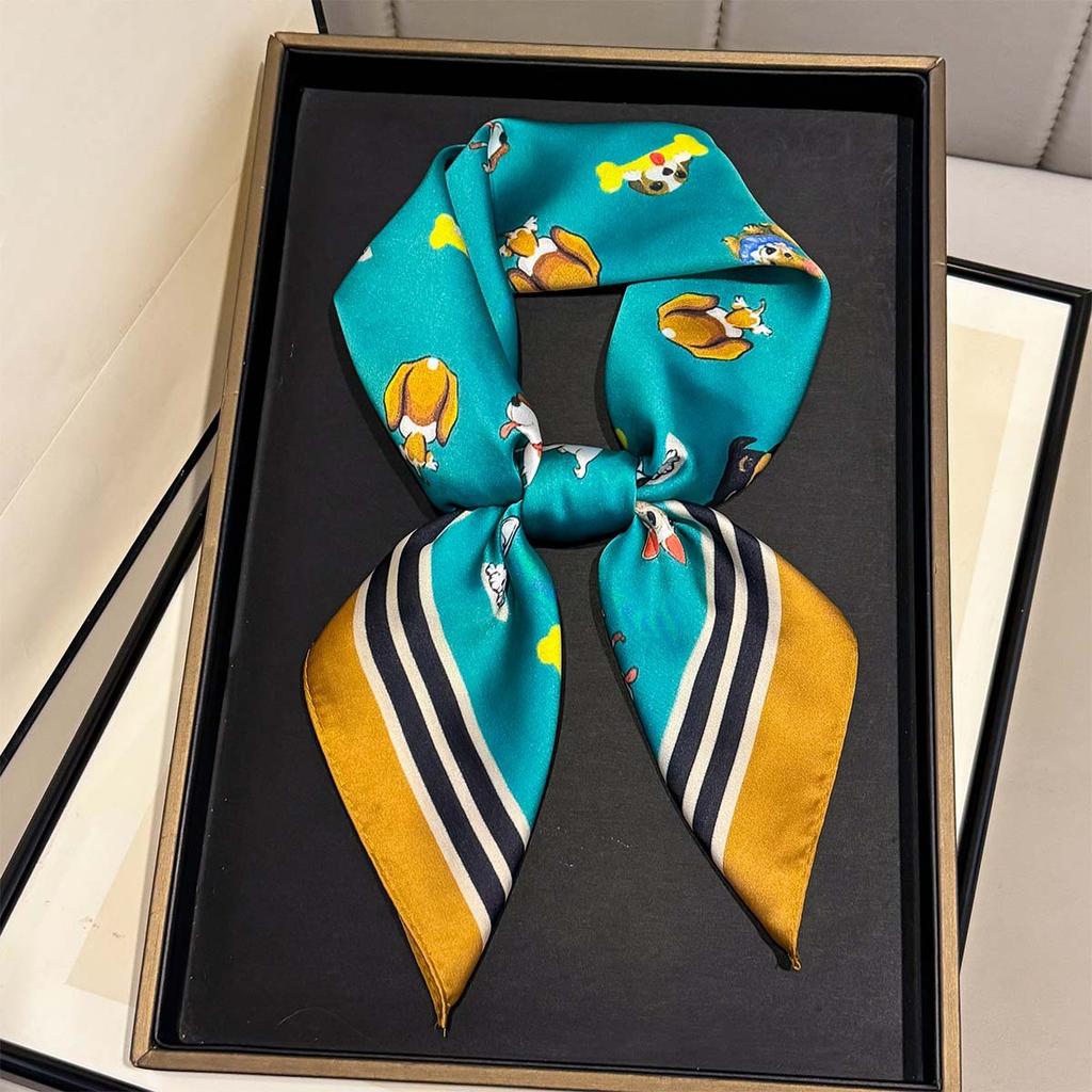 Spring new cartoon cute dog print silk scarf female cute age-reducing style versatile neck protector scarf shawl