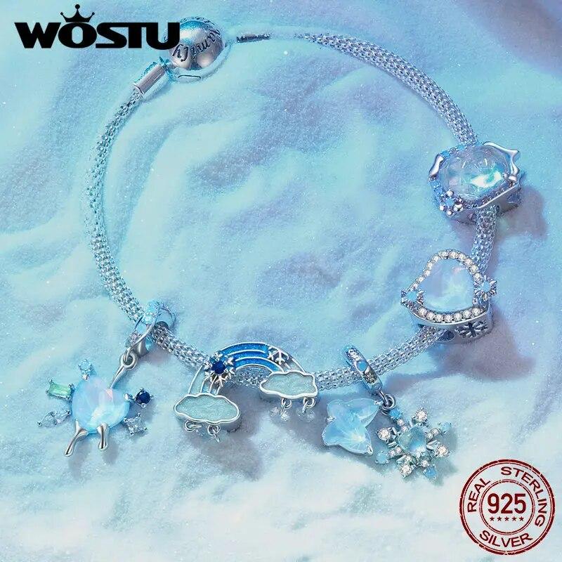 WOSTU 925 Sterling Sølv Smeltende Is Snøkrystall Anheng Blå Opal Kjærlighetshjerte Regnbue Charm Passer Original Armbånd DIY Vintergave