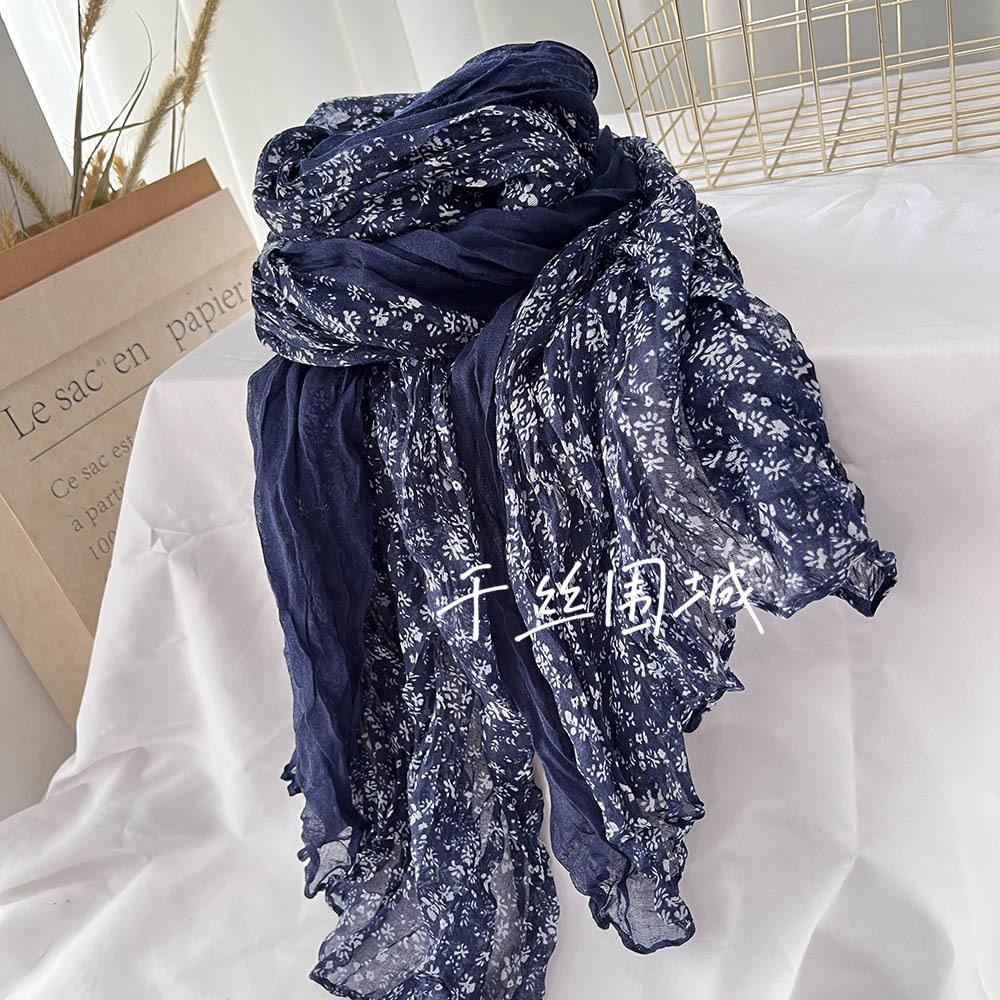 Autumn And Winter  Retro Literary Cotton And Linen Pleated Thin Versatile Shawl Small Floral Scarf Yarn Japanese