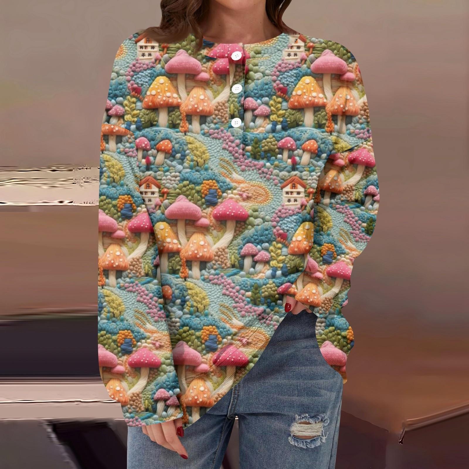 

Женская повседневная мода, удобная рождественская футболка с длинным рукавом, круглым вырезом, пуговицами, свободным подолом и боковыми разрезами S