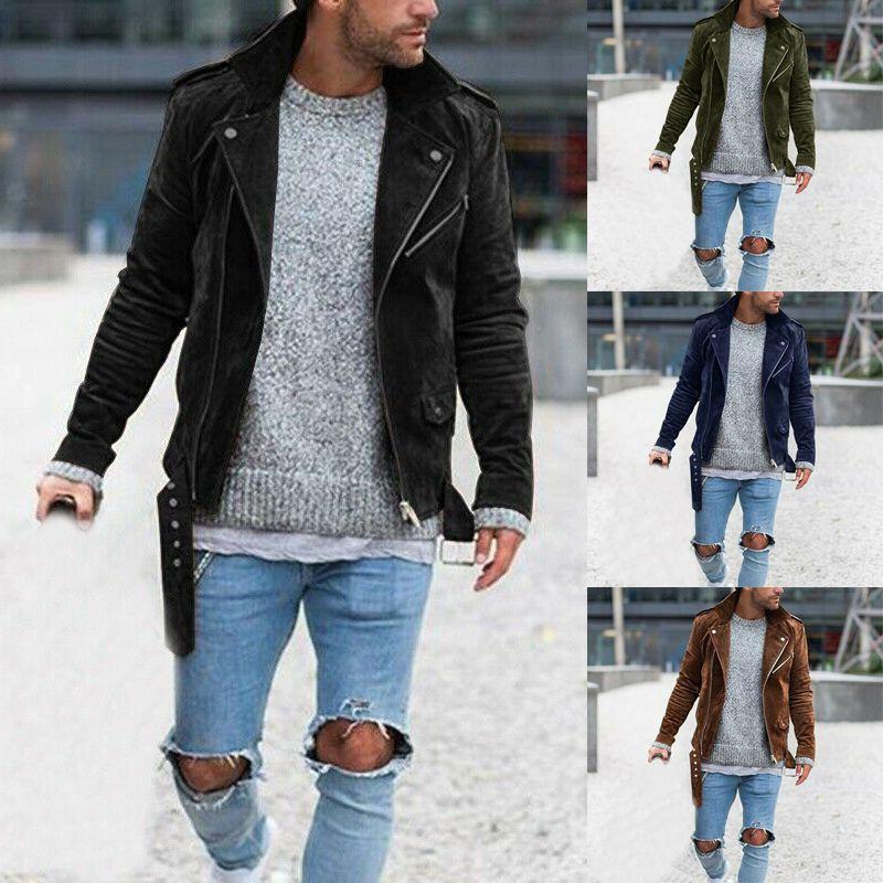 Men's Slim Faux Suede Leather Jacket With Lapel Collar And Zipper Closure For Autumn