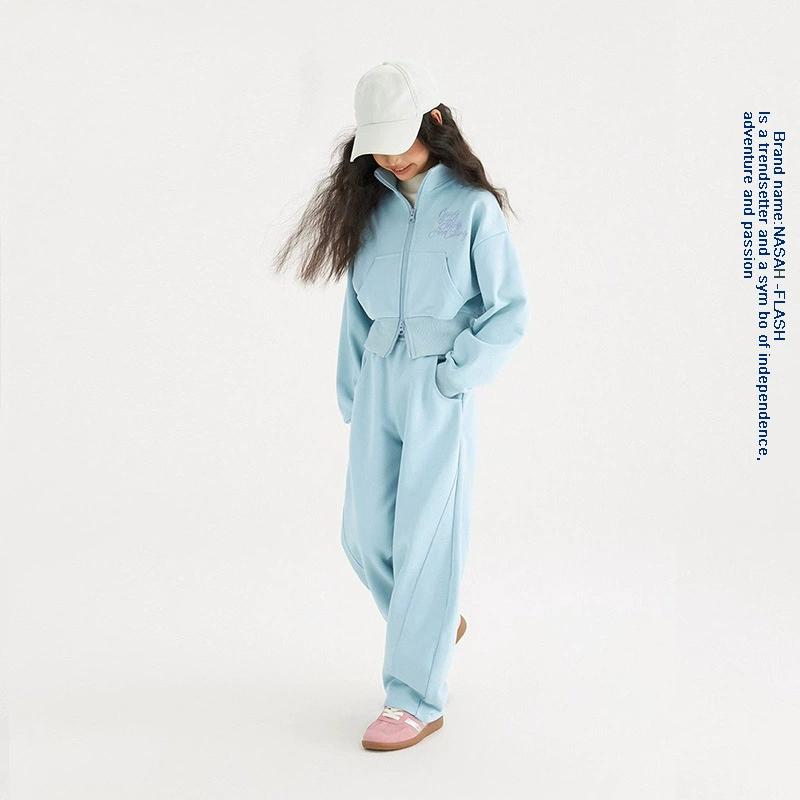 

Spring Autumn Girls Cotton Double Zip Crop Workout Sweatshirt Jacket+Sweatpant School Kids Tracksuit Child Jogger Outfit 5-16Yr 170 синій