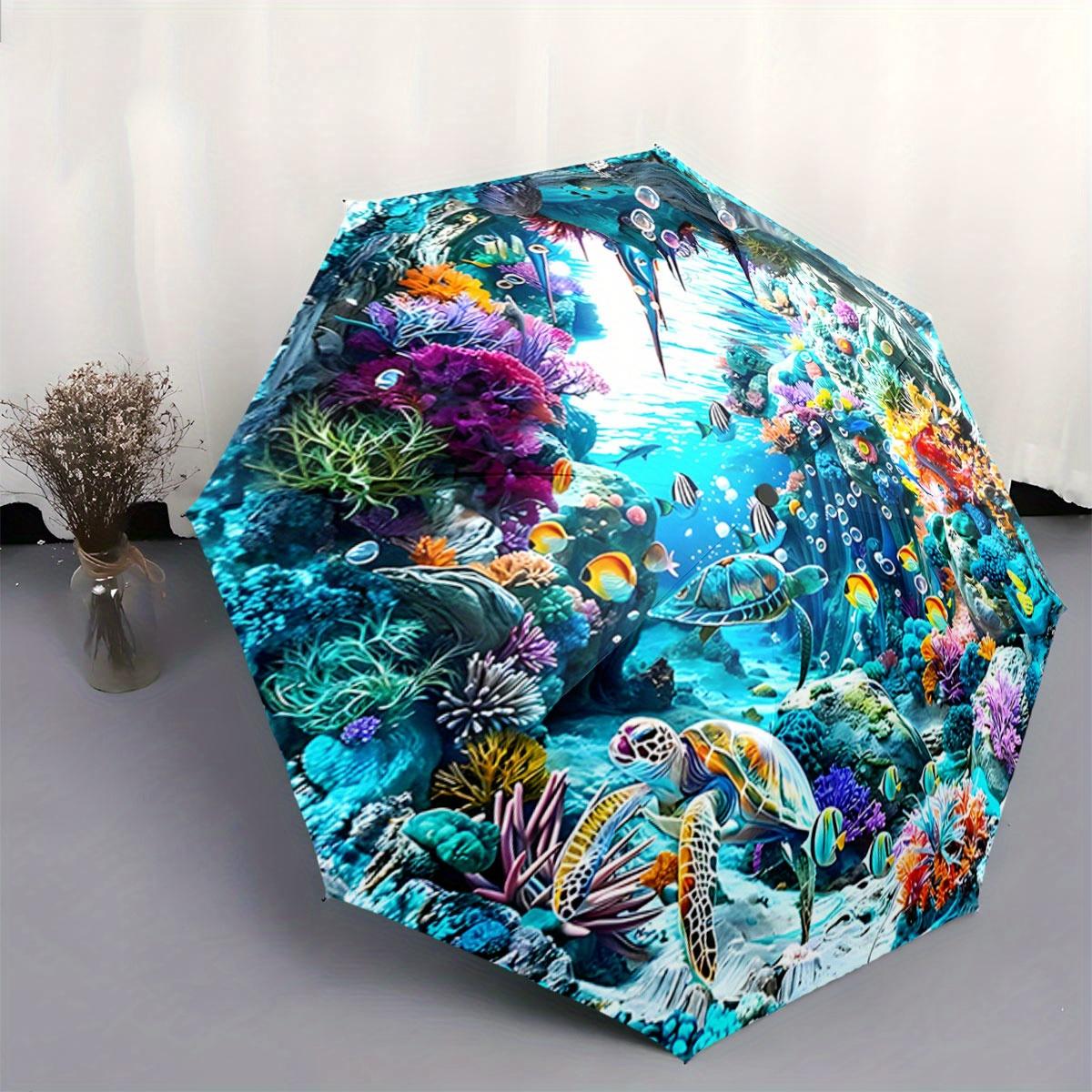 

Automatic Folding Umbrella with Underwater Coral Reef Design - Vibrant Turtles & Fish Scene, Portable Collapsible for All Seas