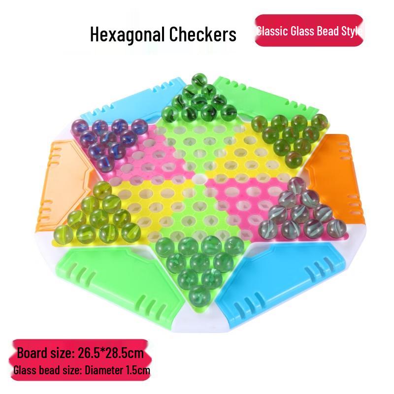 Hexagonal Checkers Board Game with Transparent Glass Marbles