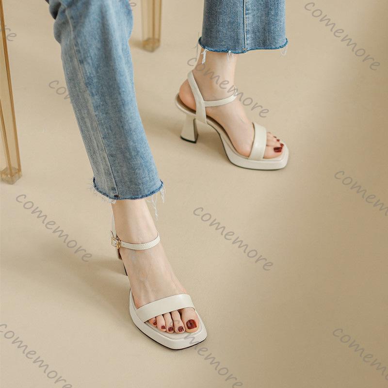 Fashion Comemore 2025 Summer New Women's High Heels Sandals Fashion Sweet Style Sexy Thick Heeled Peep Toe Beige Black Sandales Femmes