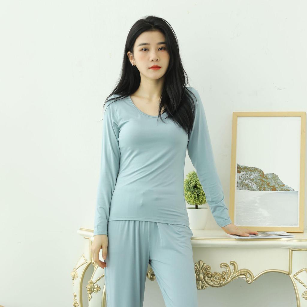 Modal Cup Integrated Long-Sleeve Women's Korean-Style Loose Pajama Top with Chest Pad