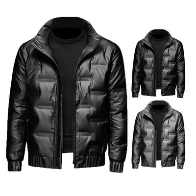 Men Down Cotton Jacket Autumn Winter Long Sleeves Stand Collar Cuffed Zipper Casual Regular Fit Shiny Solid Color Warm Male Short Coat