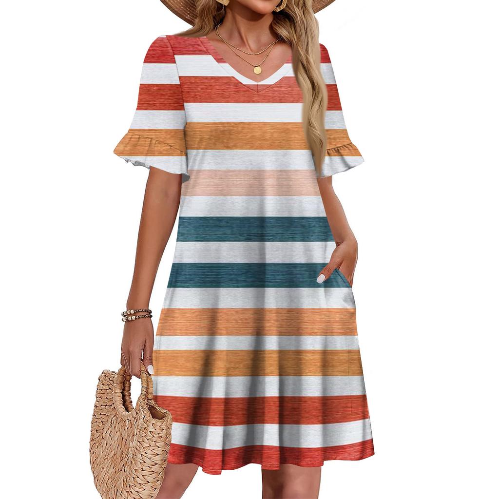 Damen A-Linie Sommerkleid Kurzarm V-Ausschnitt Bedrucktes Kleid Mit Taschen