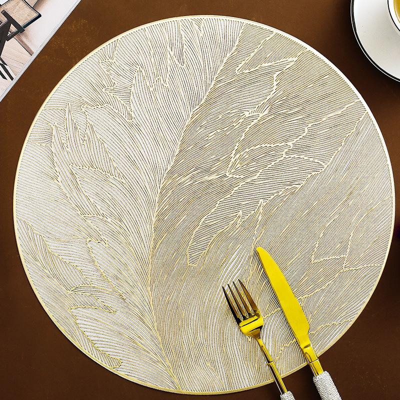 

6 pc Feather Pattern Placemats, Waterproof PVC Table Mats with Gold Foil, Oil Proof Heat Resistant Coasters for Dining Table 38cm&round золотой