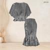 Women Plus Size Printed Round Neck Batwing Sleeve Ruffle Hem Top Fishtail Skirt Two Piece Set