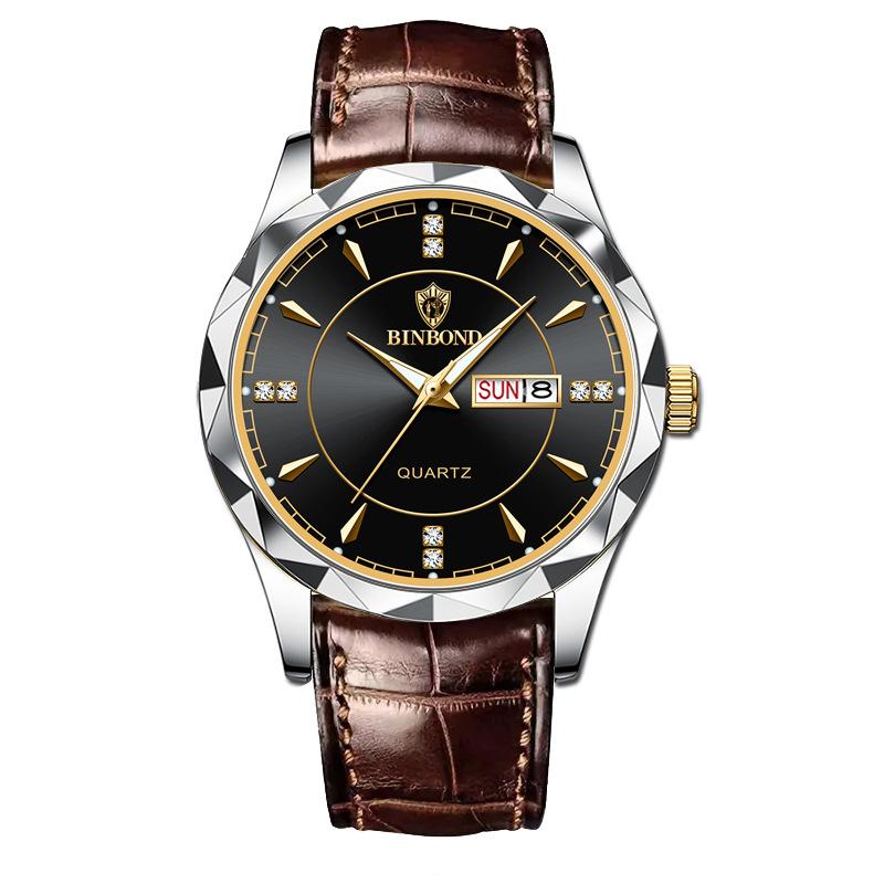 Men's Watch Gold Watch Steel Belt Double Calendar Week Quartz Watch Men's Watch