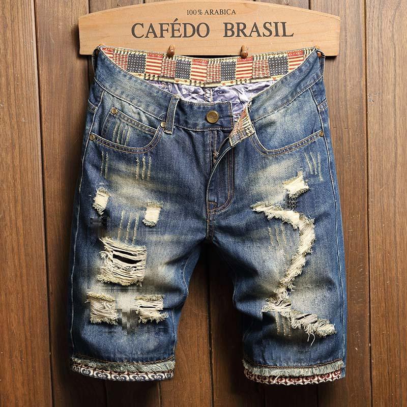 Summer Clothes New Men Vintage Ripped Short Jeans Streetwear Fashion Hole Straight Slim Denim Shorts Male Brand Pants