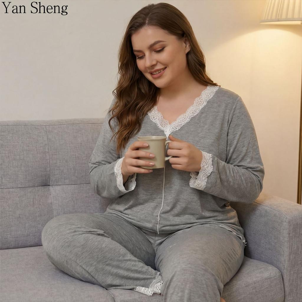 Büyük Beden Sonbahar/Kış Pijama Ev Kıyafeti Dantelli Moda V Yaka Renkli Pamuklu Uzun Kollu Pantolon İki Parçalı Set