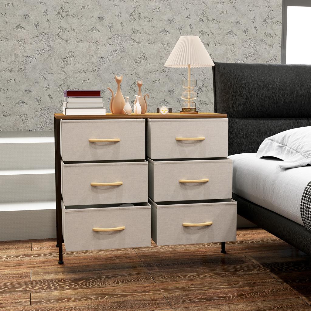 Fabric Chest of Drawers, Industrial Bedroom Dresser with 6 Fabric Drawers, Steel Frame and Wooden Top for Nursery, Living Room, Hallway, Cream White