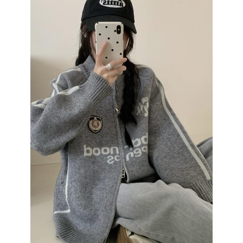Letter Decorated Ladies Sweaters Baseball Style Loose Double Zipper Cardigan Autumn Versatile Solid Color Women's Coats