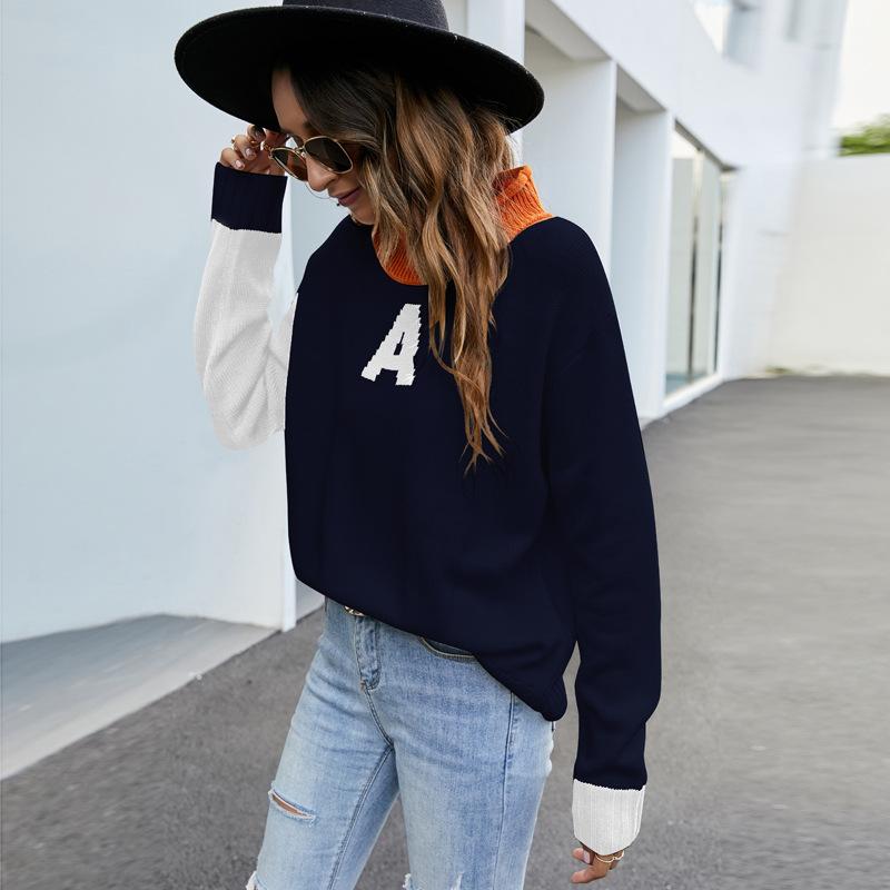 ins European and American casual semi-turtleneck pullover sweater alphabet jacquard loose sweater long sleeve knitted sweater