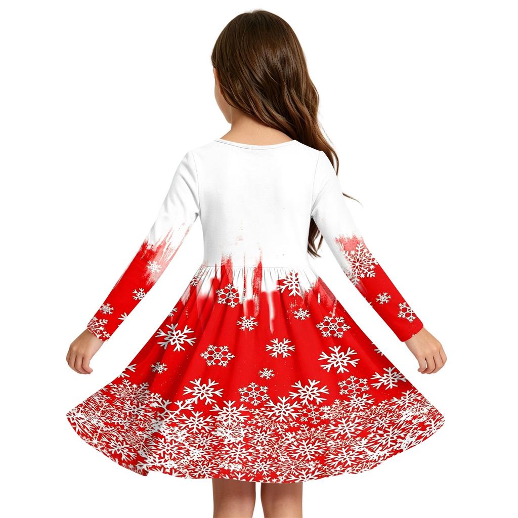Girls Christmas Print Dress with Sleeves Long Sleeve Holiday Party Dress