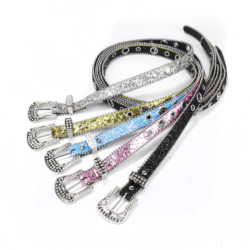 Teens Full Sequins Belt for Jeans Adjustable Pin Buckle Waist Belt Rhinestone Buckle Wide Waist Belt Ladies Skirt Belt