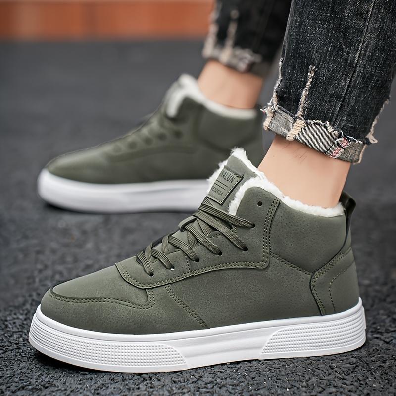 Order A Size Up Men's Winter Snow Boots with -Like - Olive Green PU Upper, MD Traction Sole & Lace-Up Closure - Short Ankle-High Cold Weather Shoes