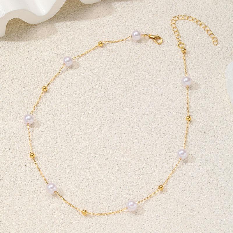 Imitation Pearl Necklace for Women Simple Fashionable Light Luxury and Cold Style Metal Ball Clavicle Chain Jewelry