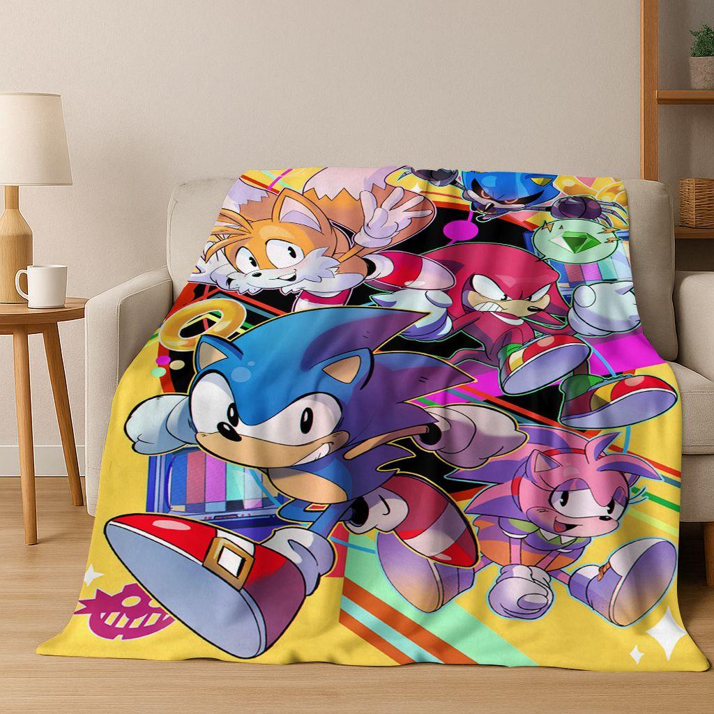Classic S-Sonic Game Cartoon Hedgehog Flannel Blanket Soft Warm Throw Blanket for Bed Bedroom Room Living Room Travel Picnic Kid
