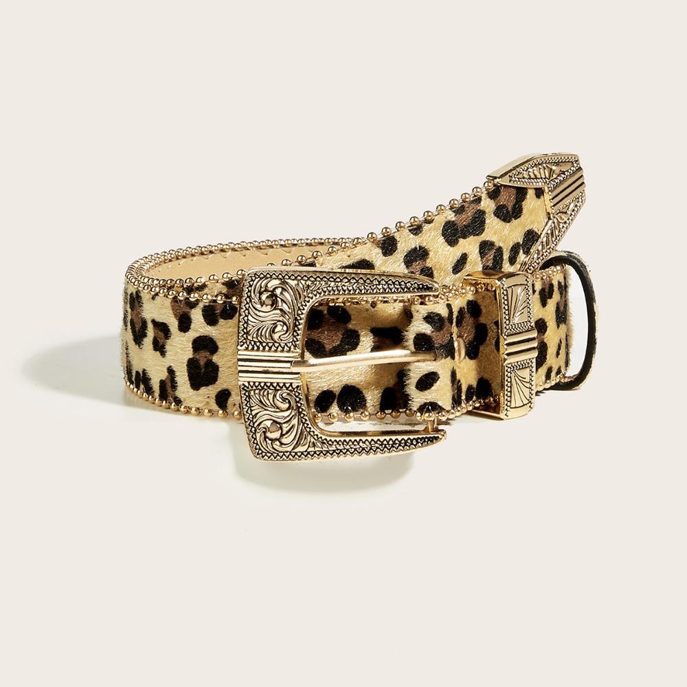 Cinto de Couro PU Estampado de Leopardo Cós de Camurça Vintage Cinto com Fivela Esculpida Gótico Streetwear