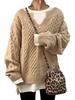 Brown Cable Knit V-Neck Loose Fit Long Sleeve Sweater