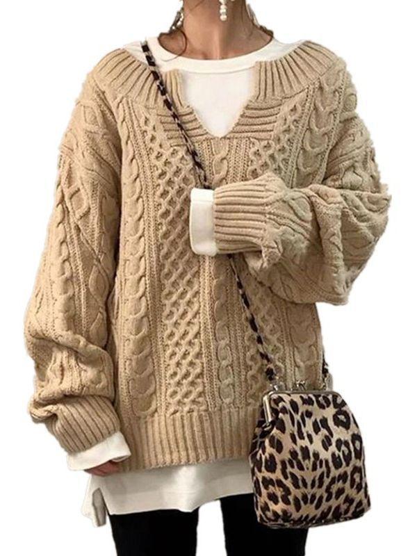 Brown Cable Knit V-Neck Loose Fit Long Sleeve Sweater