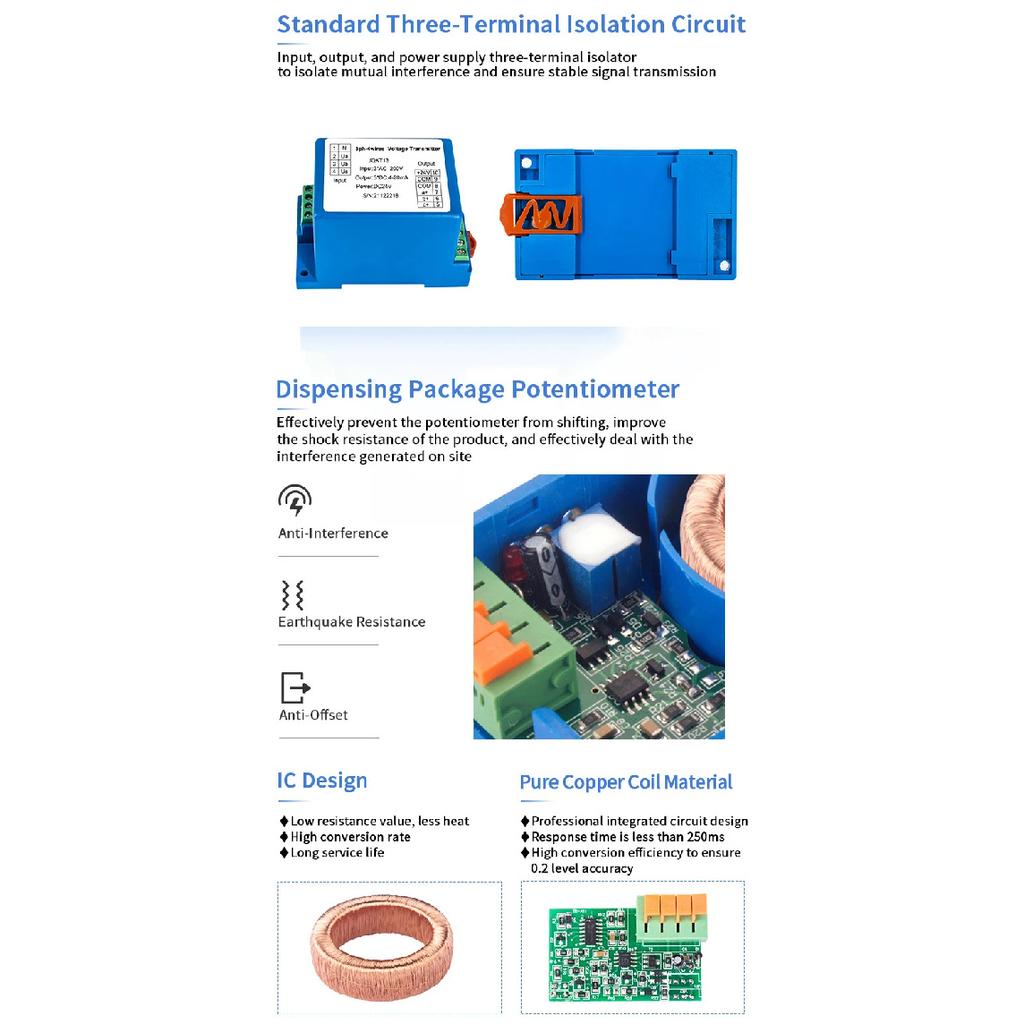 Three Phase AC Voltage Transmitter ZA-3U Voltage Signal Detection Isolation Converter Sensor Multiple Input Multiple Output