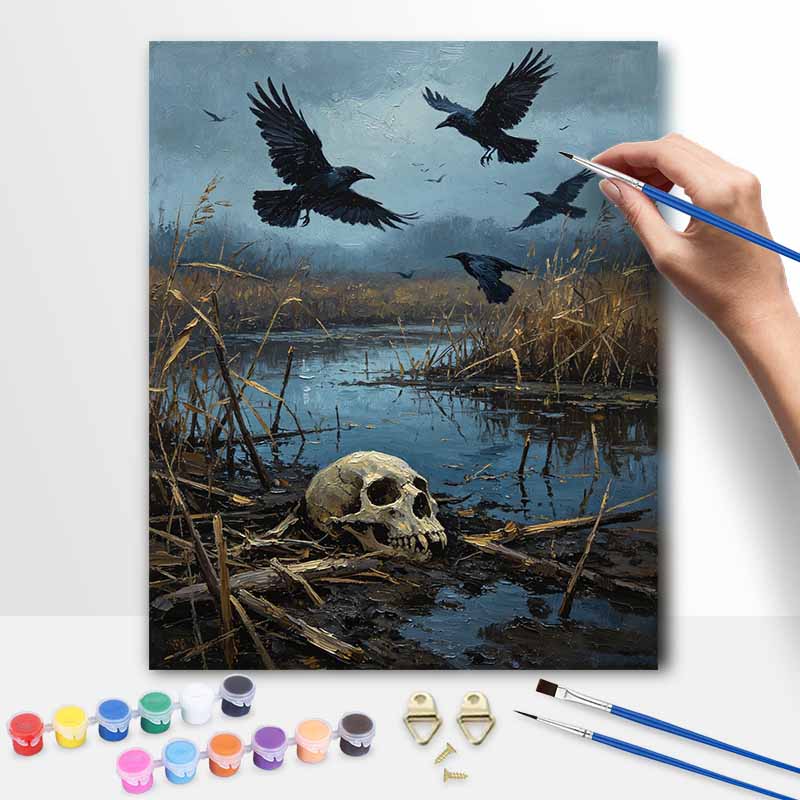 Halloween Digital Oil Painting Raven Bird Lake Nature Landscape Coloring Painting Hand Painting Home Decoration